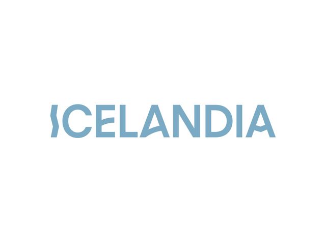 "Icelandia" in blue text, stylized "I" and "A" on white background.