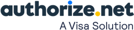 Authorize.Net logo with blue text and orange dot, subtitle “A Visa Solution”