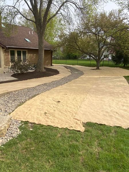 A dirt driveway leading to a house with a tree in the background.