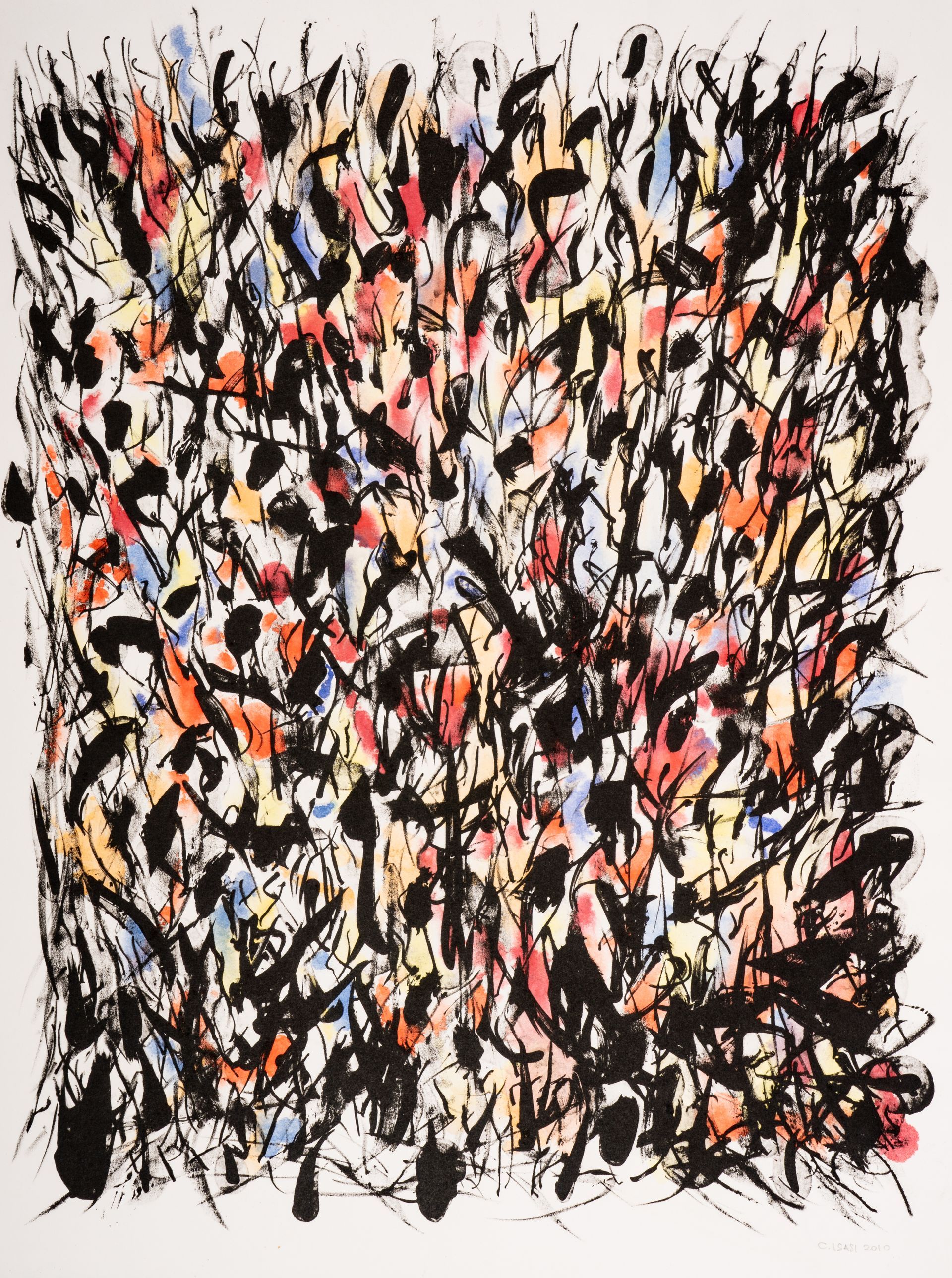 A painting of a crowd of people in a square on a white background.