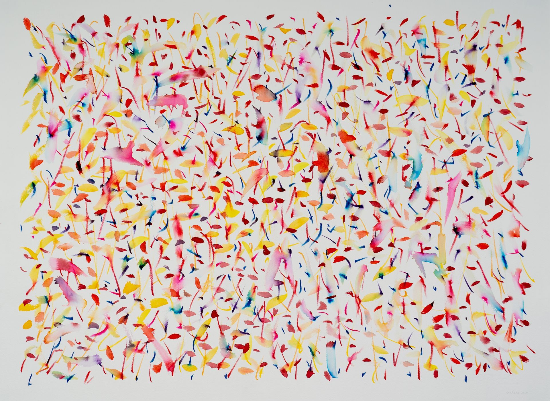 A painting of colorful confetti on a white background