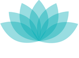 Icono estilizado de una flor de loto azul con pétalos translúcidos superpuestos.