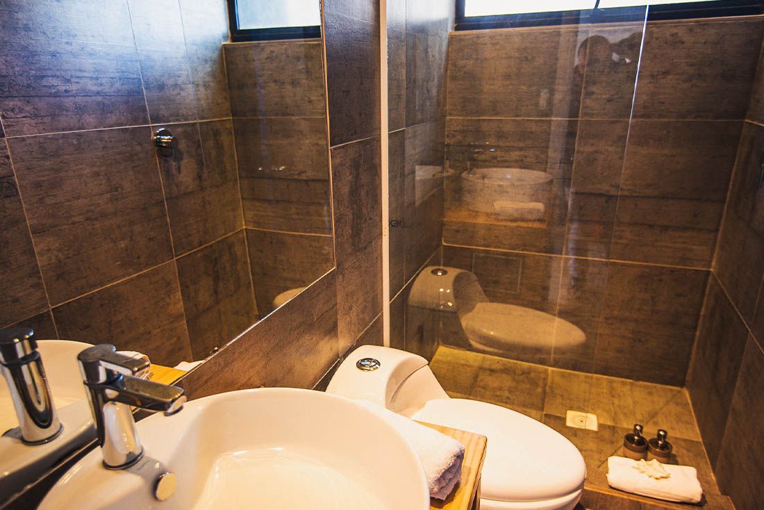 Baño pequeño con lavabo, inodoro, ducha de cristal y paredes alicatadas en tonos oscuros.