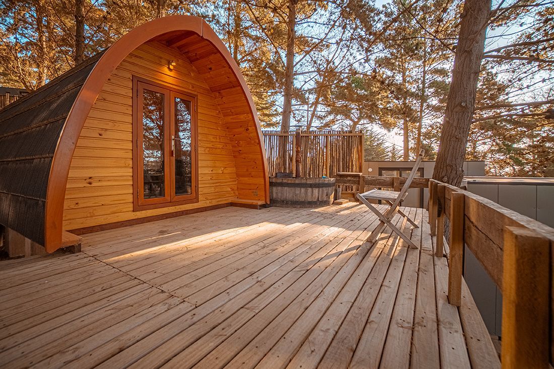 Cabaña de madera curvada con grandes ventanales en una terraza en un bosque otoñal.