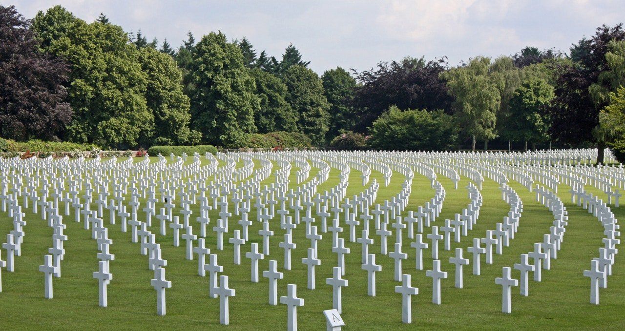 Rows of white crosses in a grassy military cemetery beneath a line of trees