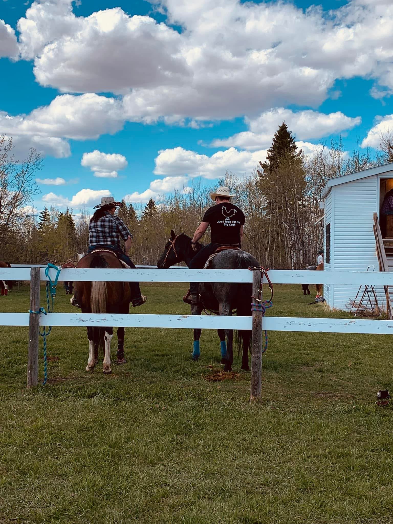 Three people on horseback facing a white fence in a grassy field under a cloudy blue sky.