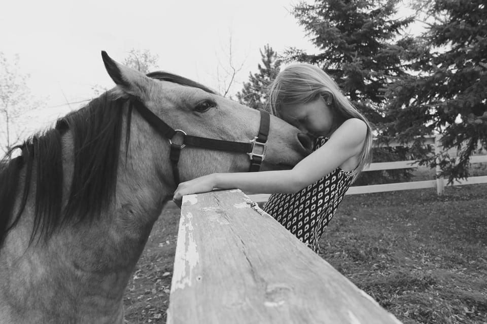 Person leaning over a white fence to kiss a saddled horse in a yard