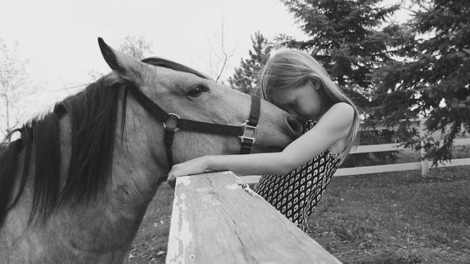 Person in a patterned dress leaning over a fence to embrace a horse in a grassy outdoor paddock