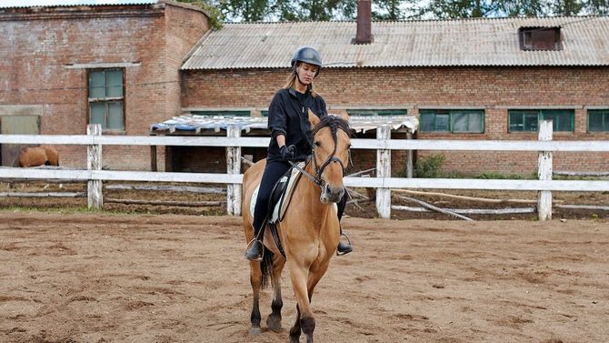 Rider on a tan horse in a sandy arena, with white fence and brick stable in the background