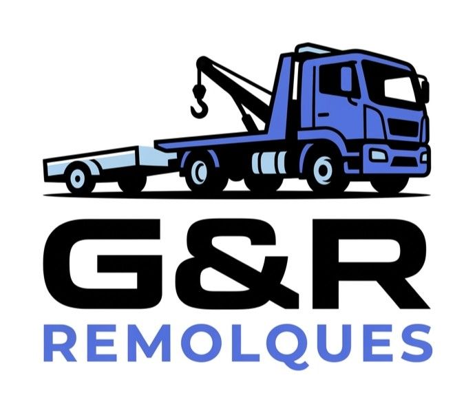 Logotipo de una grúa azul con el texto «G&R Remolques» en negro y azul