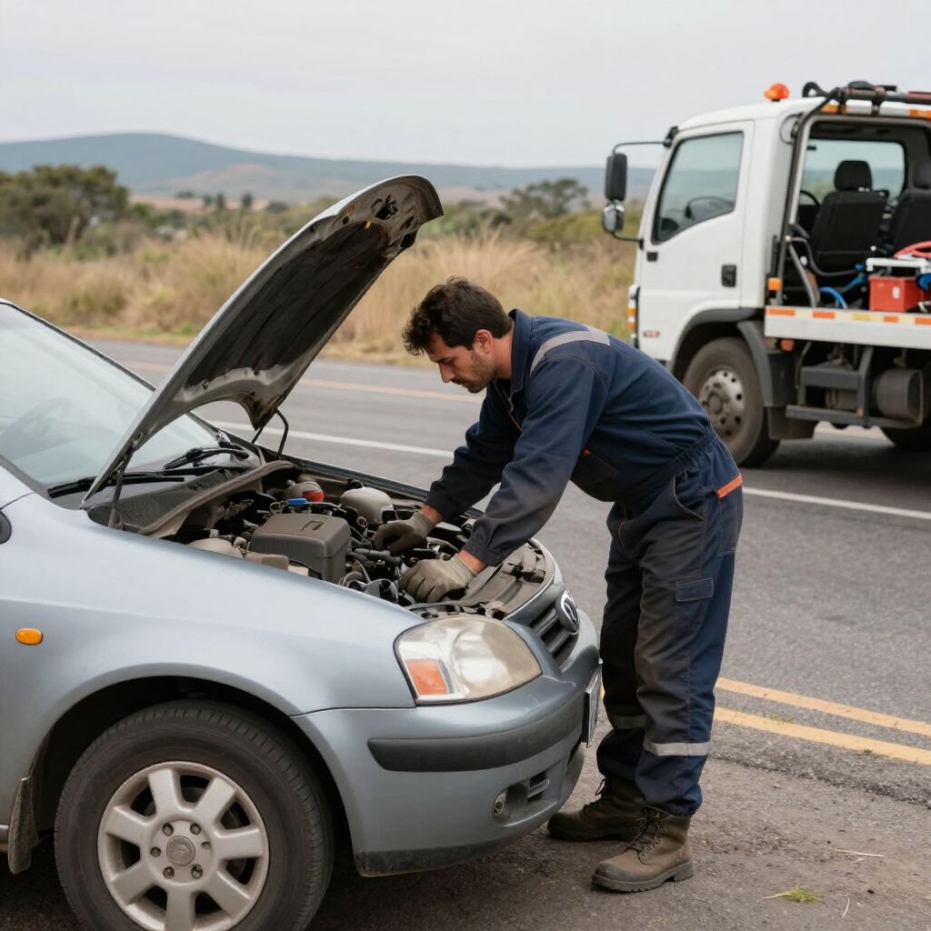 Un hombre con un mono de trabajo inspecciona el motor de un coche en la carretera, junto a una grúa.