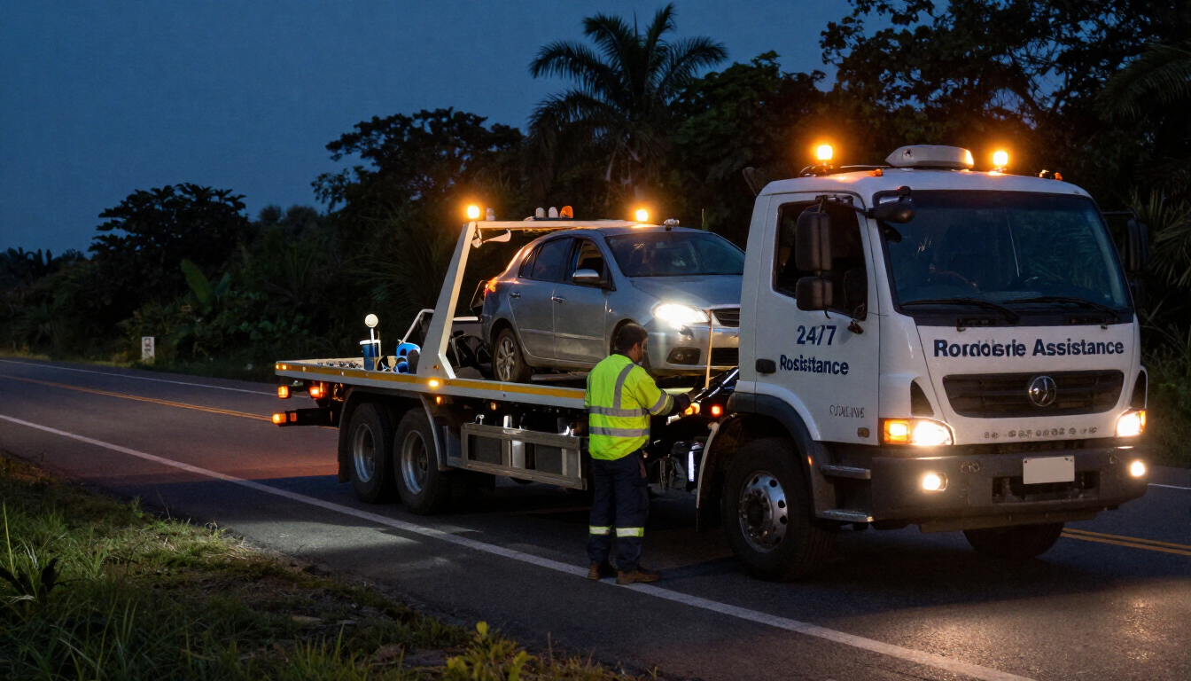 Una grúa con las luces intermitentes cargando un SUV plateado al borde de la carretera al anochecer