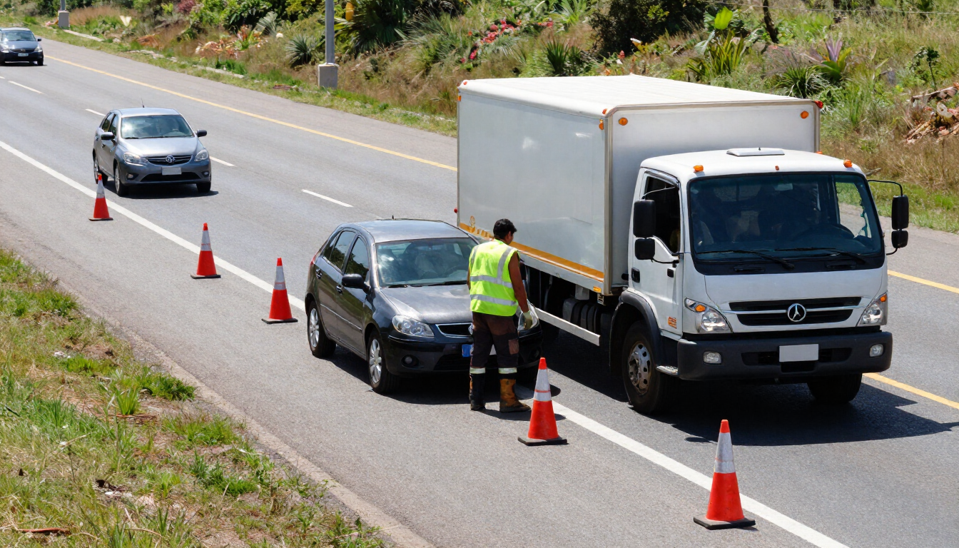 Control de tráfico en carretera con un camión, un coche y un trabajador junto a conos naranjas en una autopista
