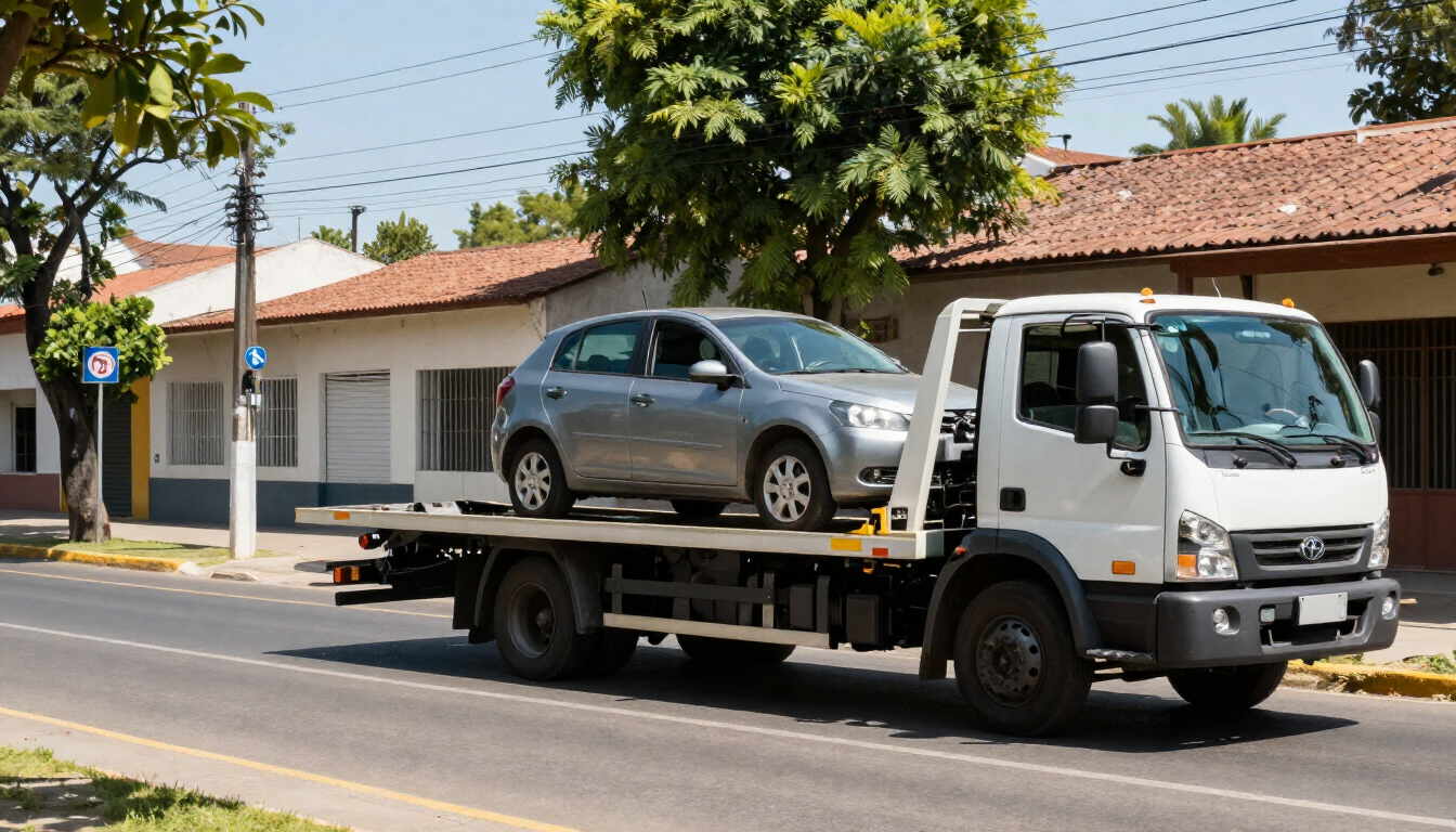 Una grúa que transporta un coche plateado por una calle residencial en un día soleado
