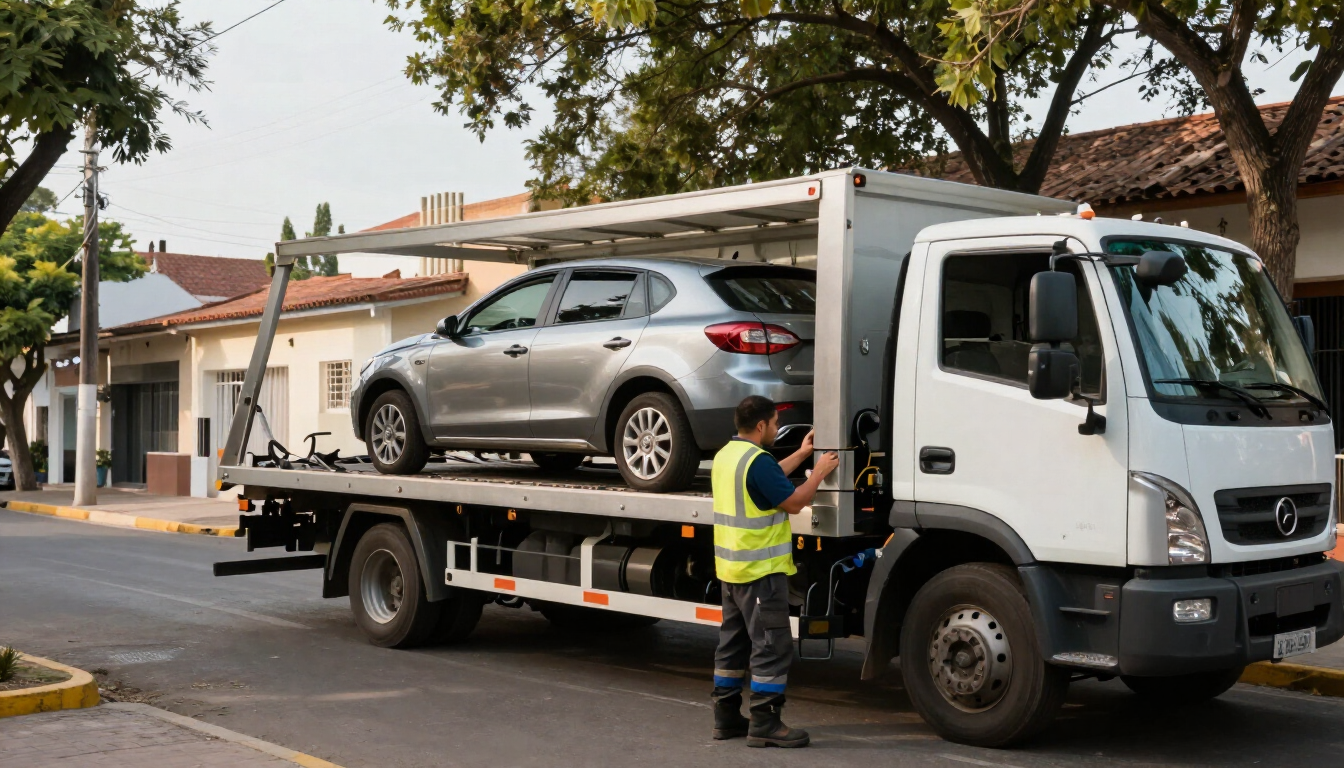 Una grúa transporta un coche plateado mientras un trabajador con chaleco amarillo está de pie a su lado en una calle
