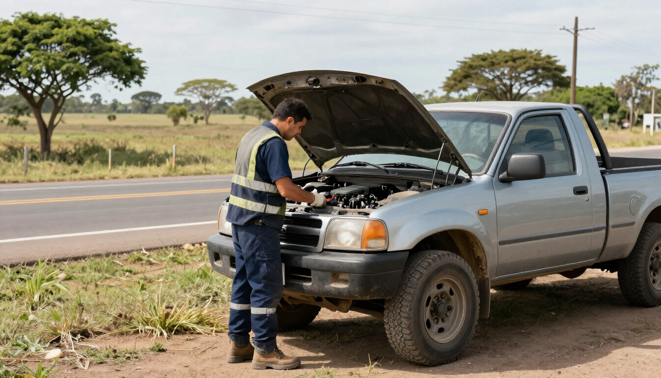 Persona revisando el motor de una camioneta plateada al costado de la carretera, con el capó abierto