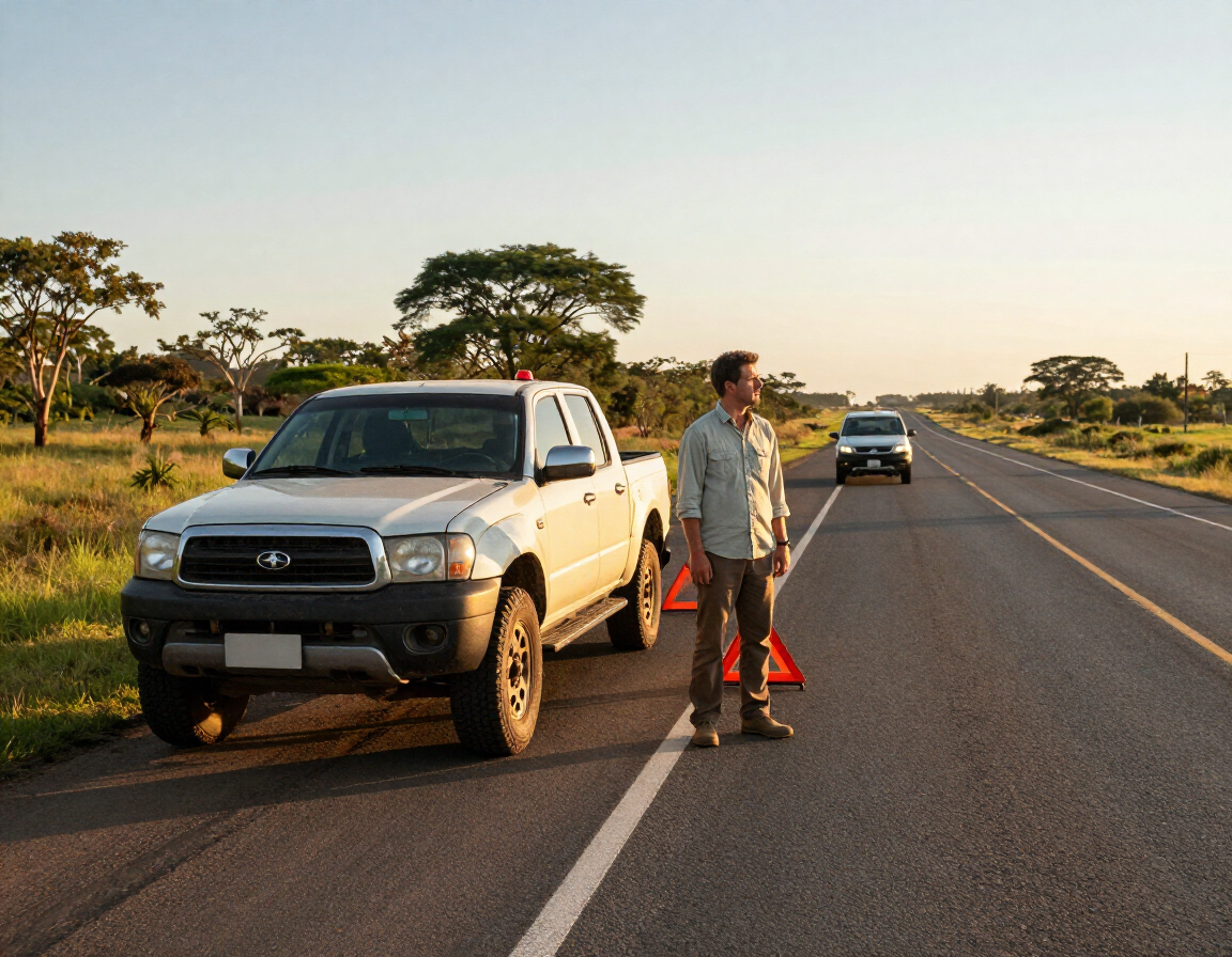 Conductor junto a una camioneta blanca al borde de la carretera, con un triángulo de emergencia; otro coche detrás, en una carretera rural al atardecer