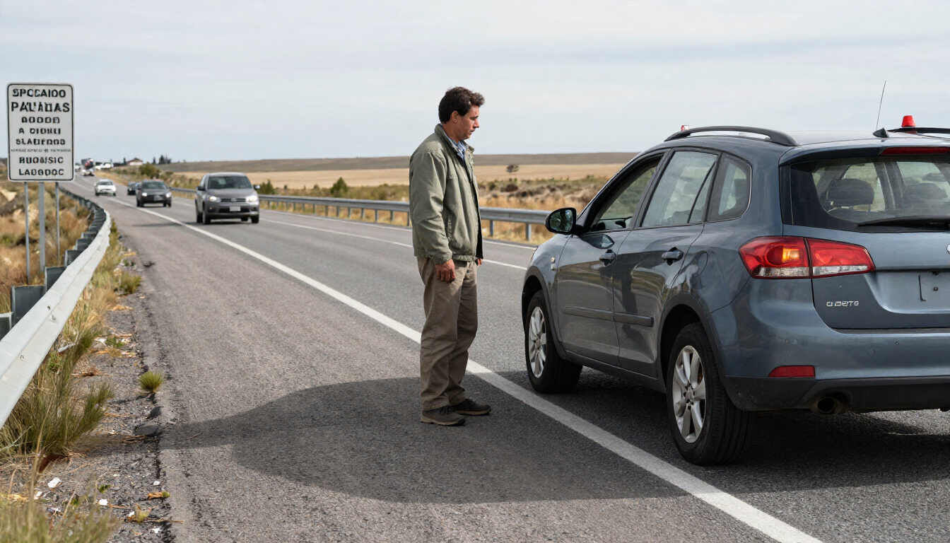 Un hombre de pie junto a un coche azul en una carretera rural, con tráfico circulando y una señal de autopista al fondo