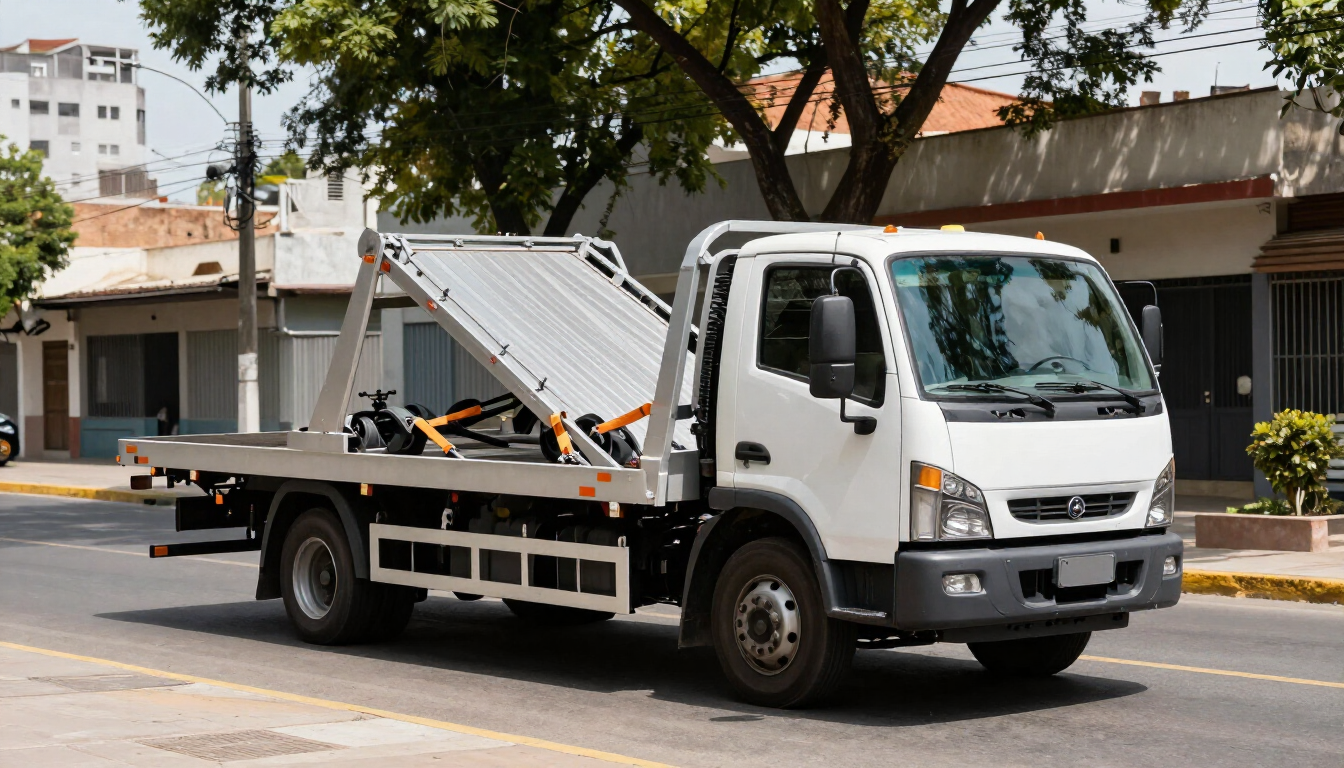 Camión de plataforma blanca para remolque estacionado en una calle arbolada, con la rampa trasera elevada y un edificio al fondo