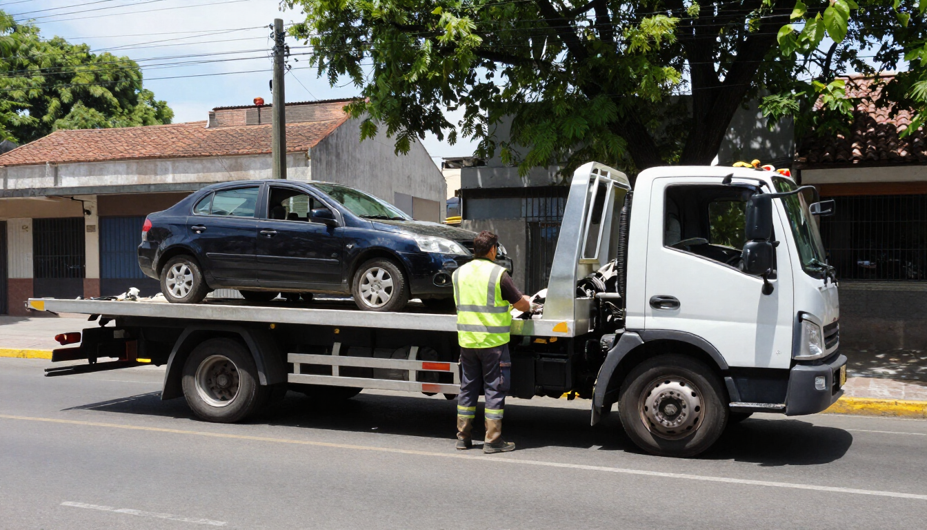Una grúa cargando un coche negro en una calle de la ciudad, con un trabajador de pie a su lado