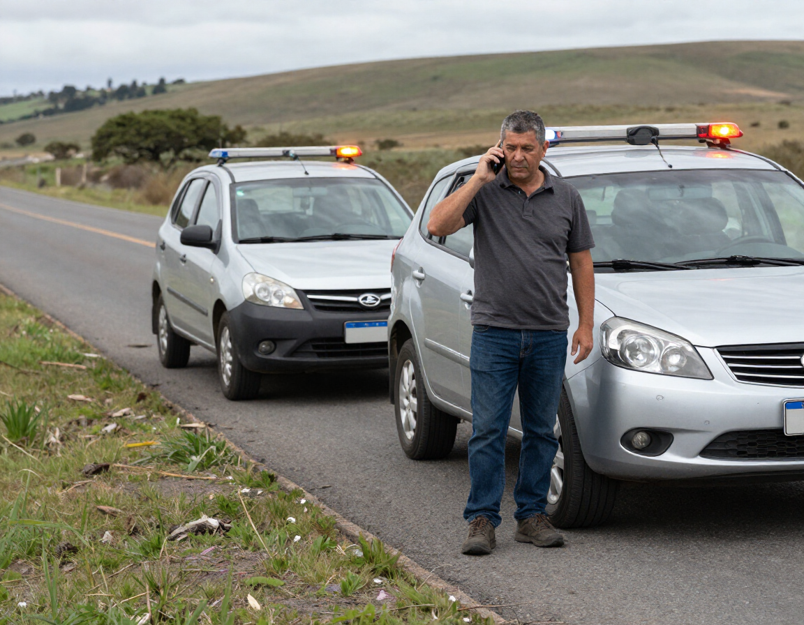 Hombre de pie junto a dos coches patrulla plateados con las luces intermitentes encendidas en una carretera rural