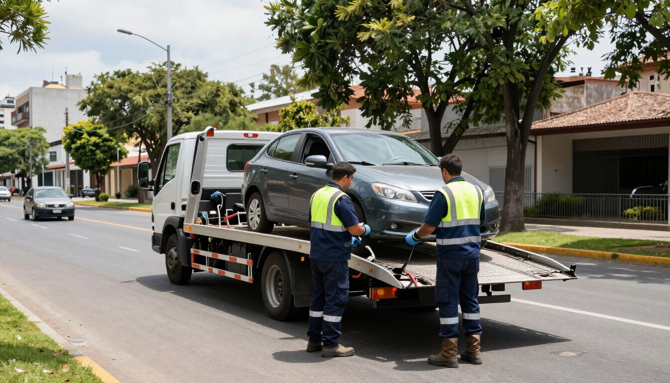 Equipo de grúa cargando un coche negro en una plataforma en una calle residencial