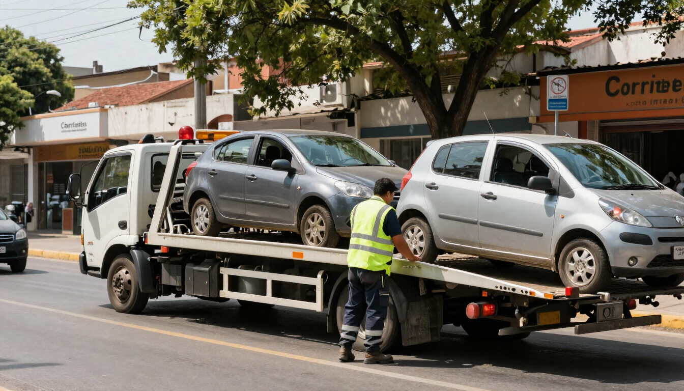 Grúa transportando dos coches por una calle de la ciudad, con un trabajador con chaleco de seguridad a su lado.
