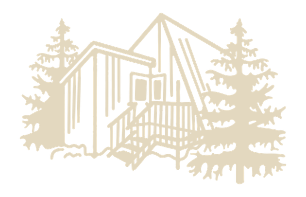 Minimalist beige line drawing of a modern house with trees, like a logo or architectural sketch