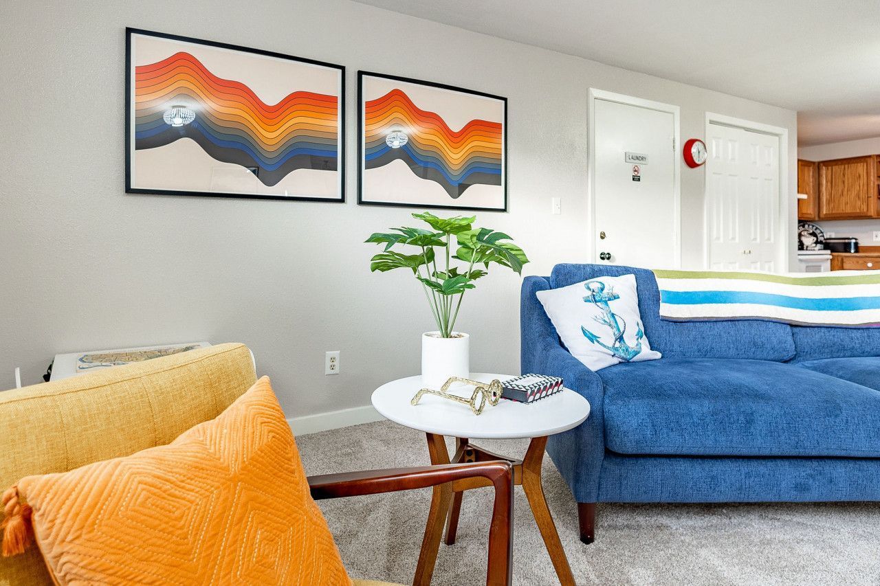 Bright living room with blue sofa, orange chair, and abstract wall art near a plant and white table