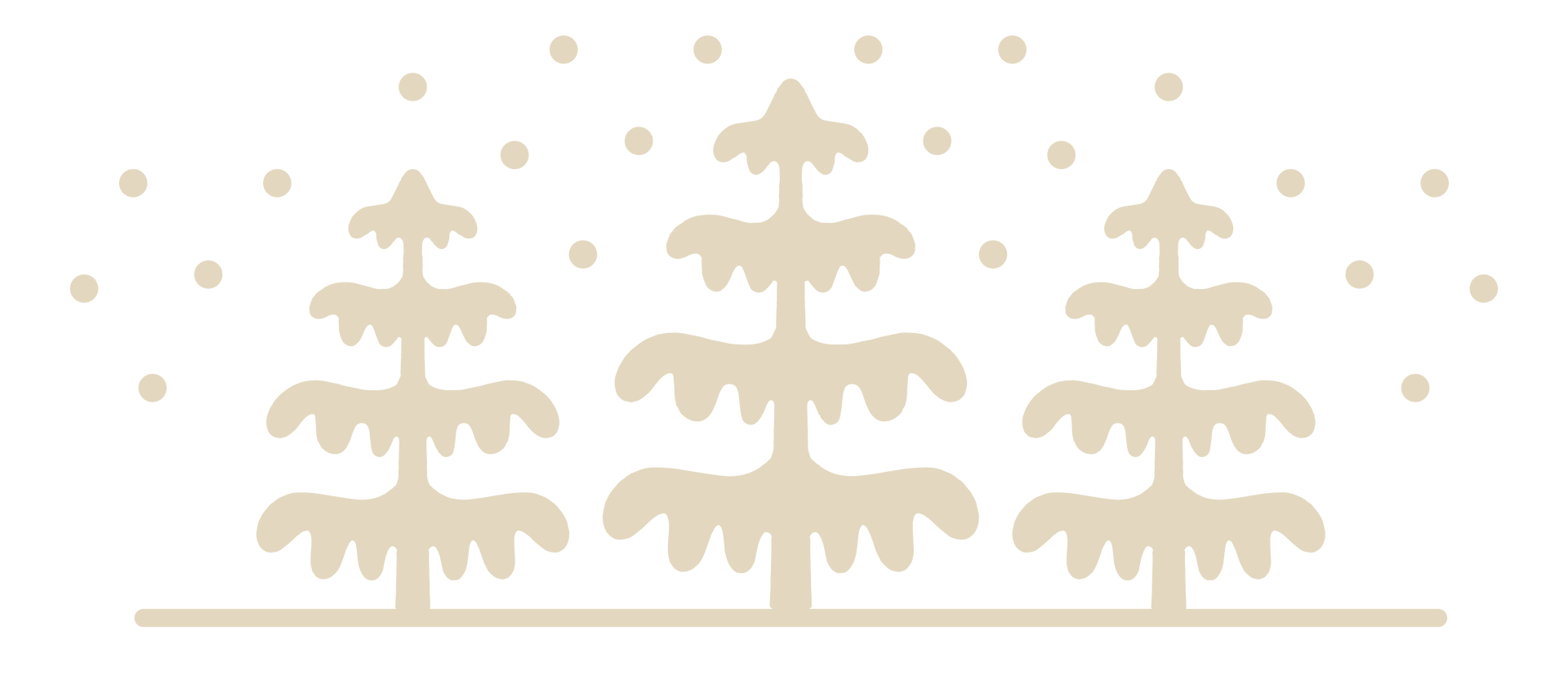 Three beige Christmas trees with falling snow and a ground line, minimalist holiday design