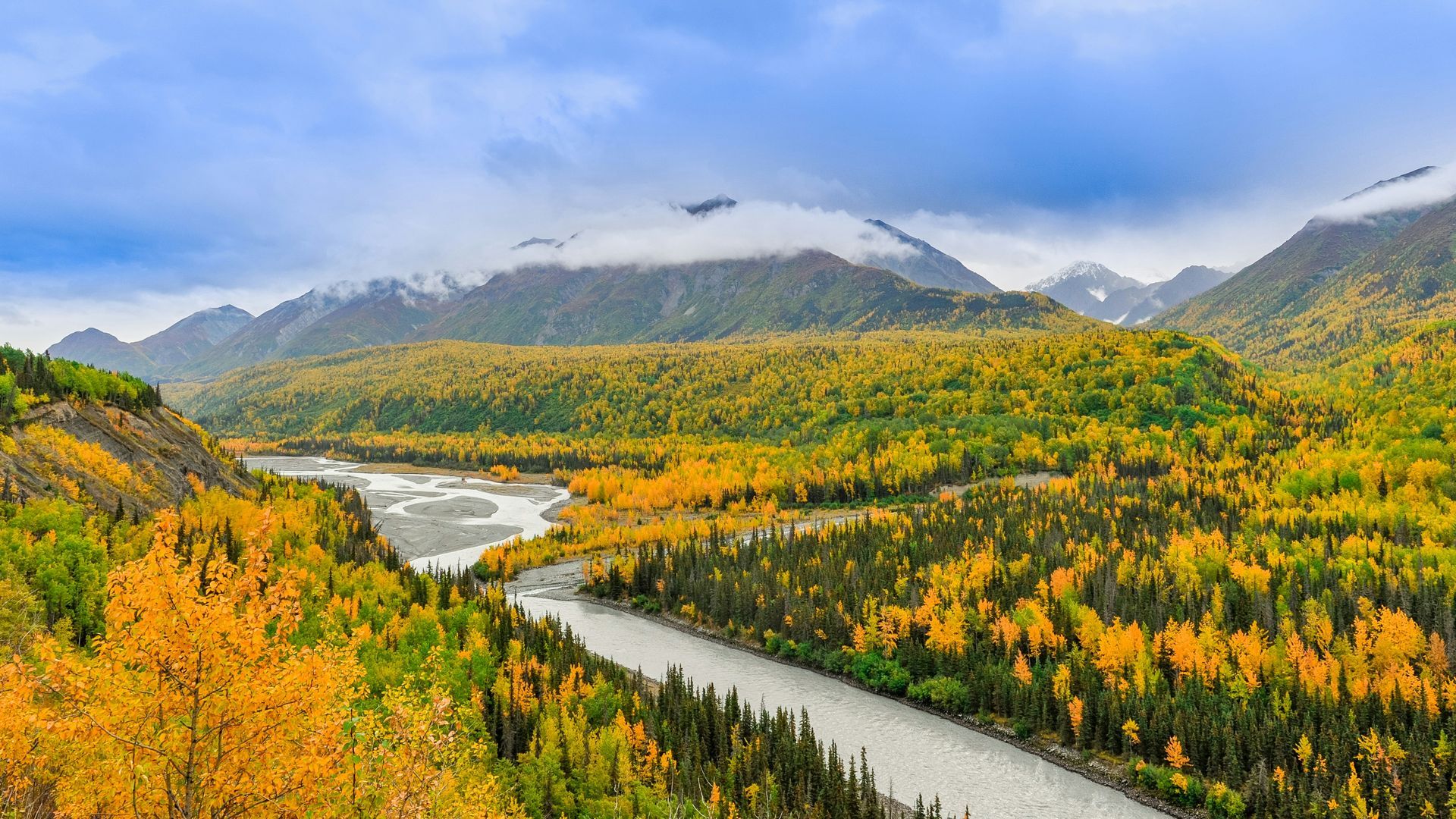 Mountain river valley with autumn yellow trees and misty peaks under cloudy sky