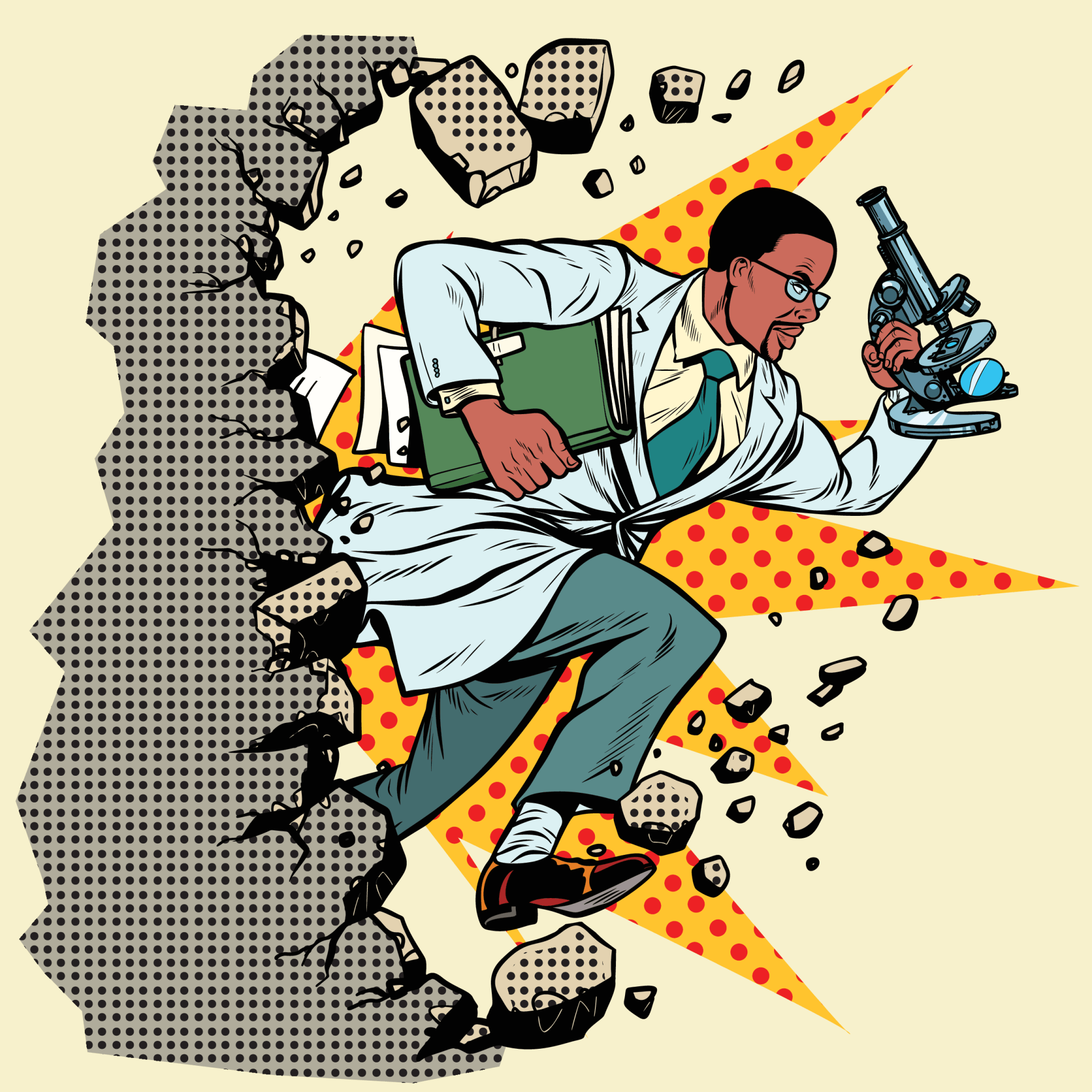 Comic-style figure bursting through a wall, holding a pistol and case, with orange starburst background.