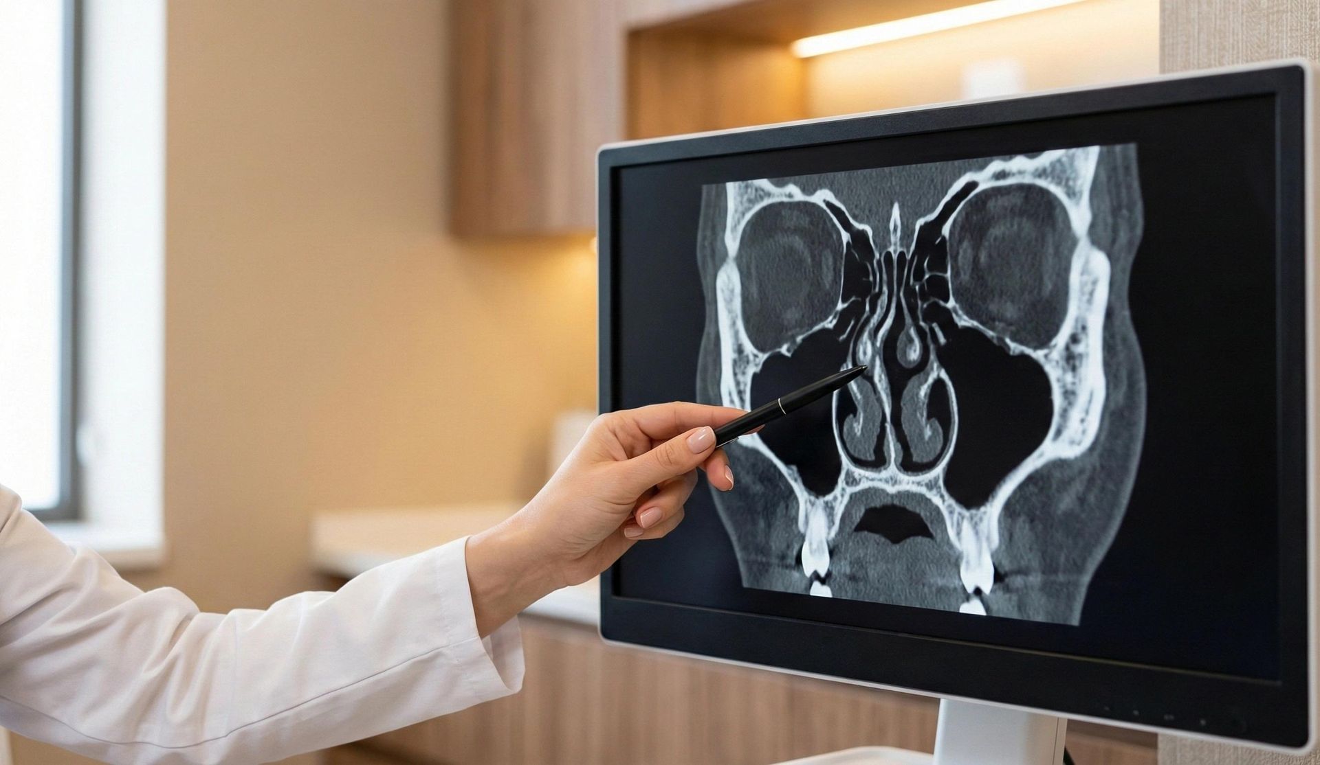 Doctor pointing at a nasal scan on a computer monitor