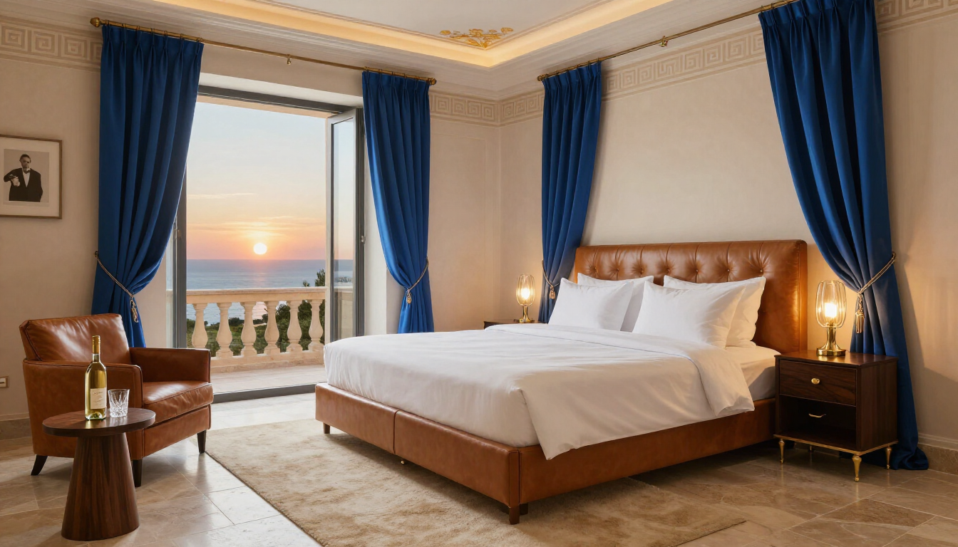 Una lussuosa camera da letto con letto in pelle marrone, tende blu, poltrona in pelle e balcone con vista sul tramonto sul mare.