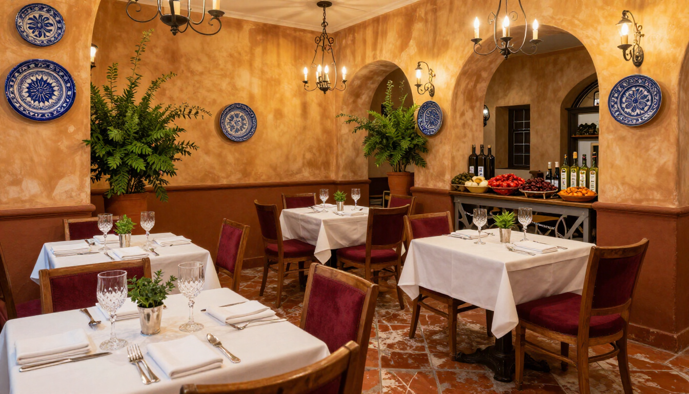Un elegante interno di ristorante con pareti in terracotta, aperture ad arco, tavoli apparecchiati con tovaglie bianche e piatti decorativi a parete.