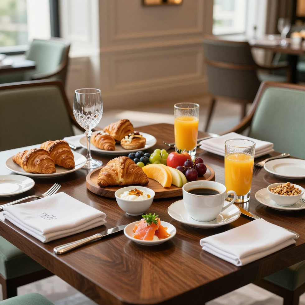 Una colazione con croissant, frutta, succo di frutta e caffè su un tavolo di legno in una sala da pranzo ben illuminata.