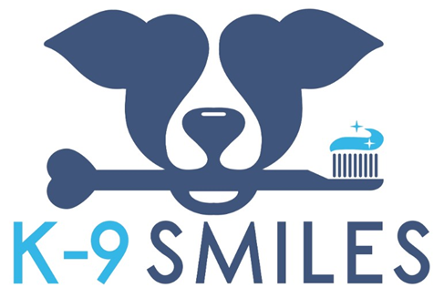 The logo for k-9 smiles shows a dog holding a toothbrush and toothpaste.