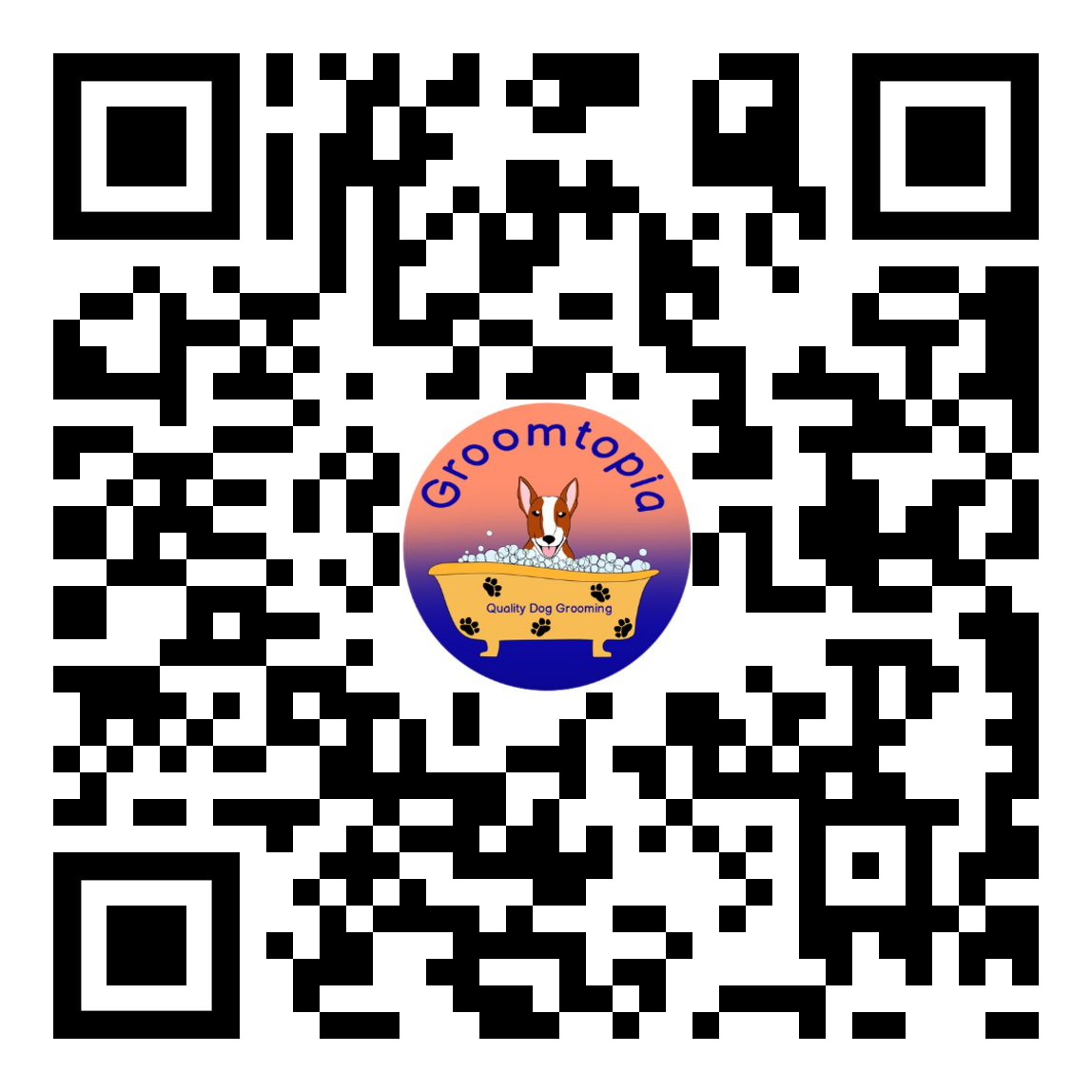 A qr code for groomtopia with a picture of a dog in a bathtub.