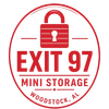Red and white Exit 97 Mini Storage logo with a padlock and Woodstock, AL text