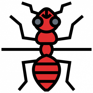 A stylized, flat-design icon of a bright red ant facing forward on a white background.