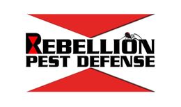 The Rebellion Pest Defense logo features black text on a red hourglass shape with a small spider icon atop the letters.