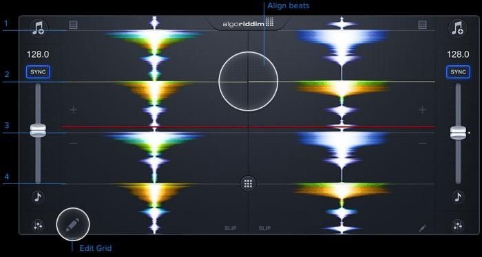 DJ mixing interface with two waveform visualizations, crossfader, and controls.