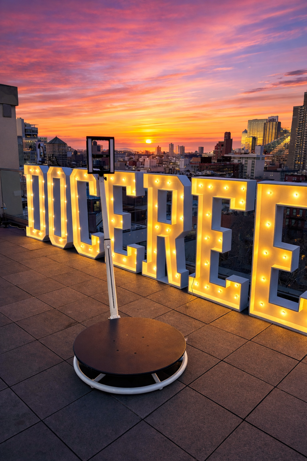 360 photo booth rental on an NYC rooftop with marquee letters and LED platform lighting