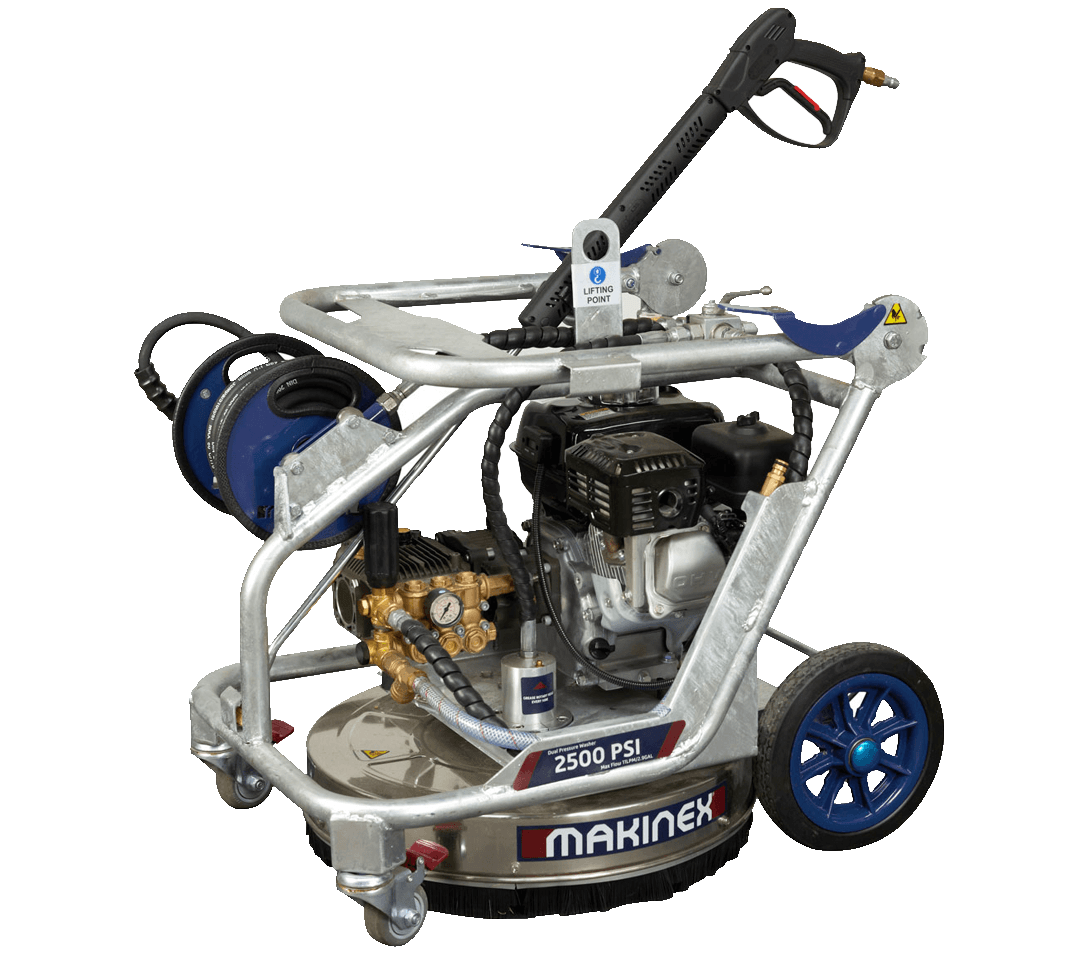 Gas-powered pressure washer with a silver frame, blue wheels, and a black spray gun.
