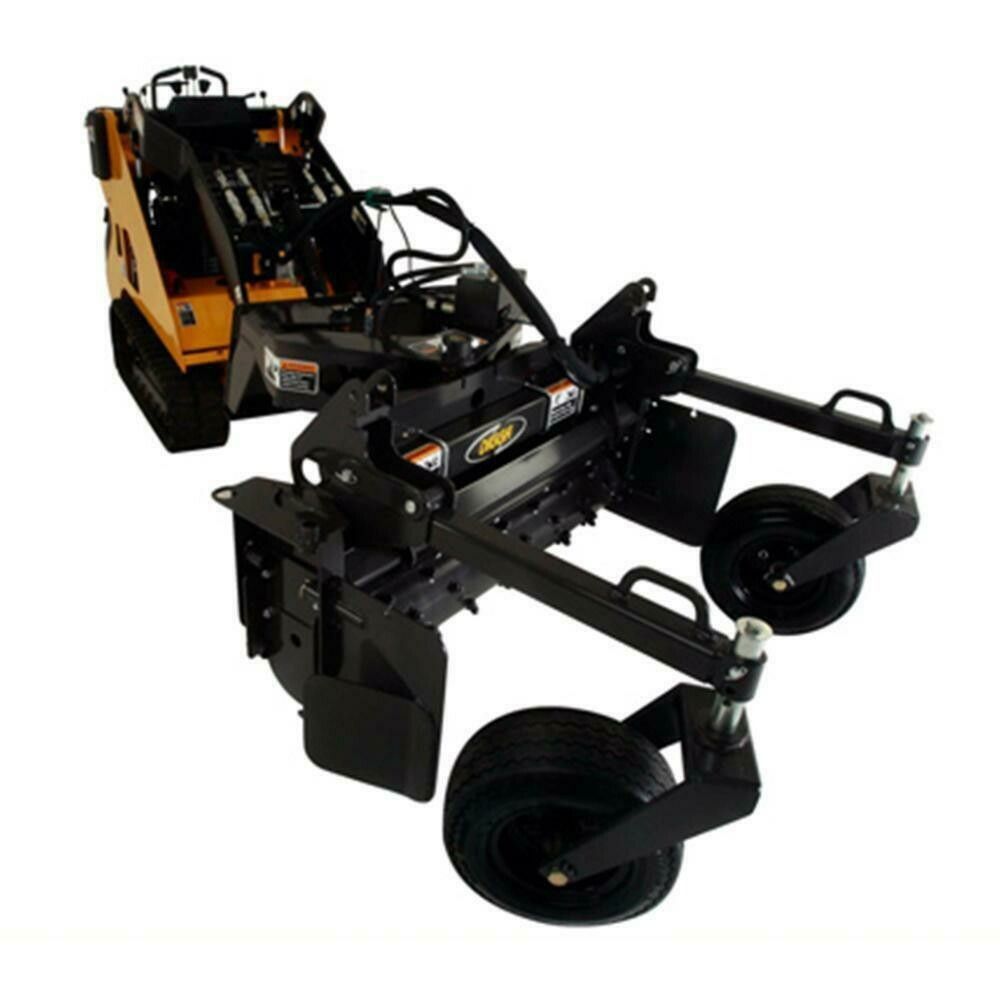 Skid steer with black tiller attachment, angled wheels. Orange machine, black implements on white background.