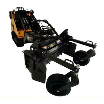Orange skid steer with black tiller attachment and wheels, used for landscaping or ground preparation.