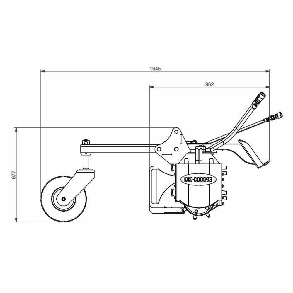 Top view of a garden tiller with dimensions labeled. It shows a wheel on the left, engine with handles, and blade area.