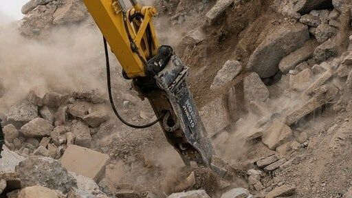 A yellow excavator arm breaking apart concrete, creating dust.