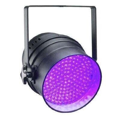 Black LED stage light projecting bright purple light.