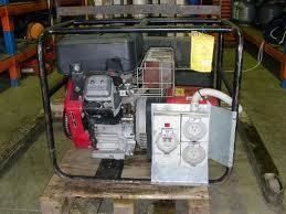 Generator with a black frame, outlet panel, and red and silver engine, sitting on a wooden pallet.
